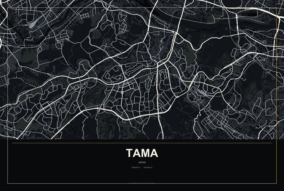 Tama, Japan City Map Aluminum Sign in Metropolitan Noir style