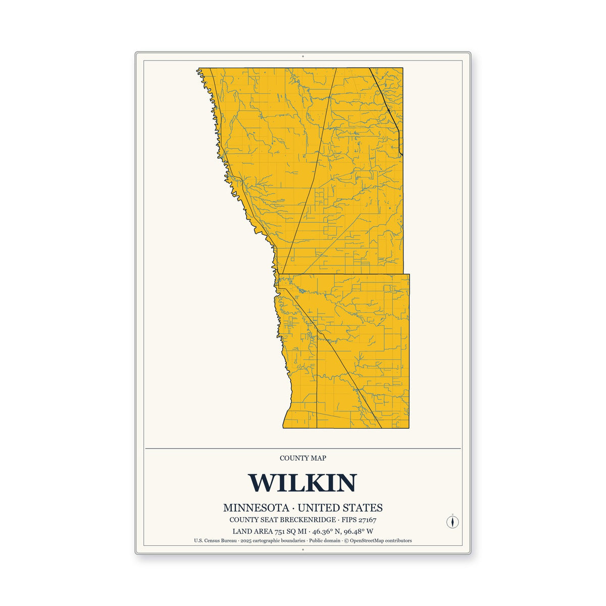 Wilkin County, Minnesota Map Aluminum Sign in Citrine Modern style