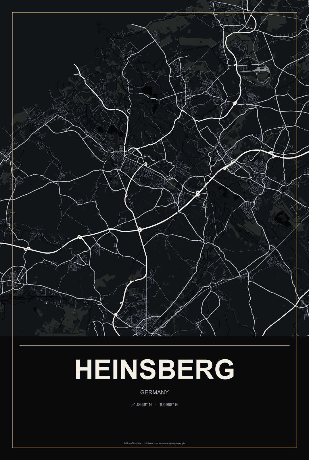 Heinsberg, Germany City Map Aluminum Sign in Metropolitan Noir style