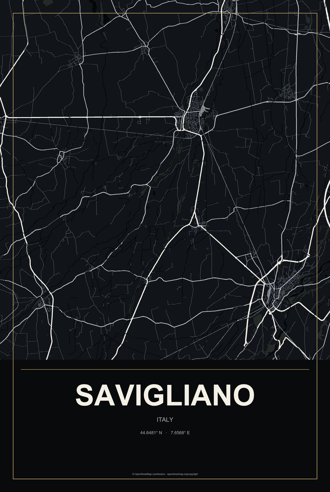 Savigliano, Italy City Map Aluminum Sign in Metropolitan Noir style