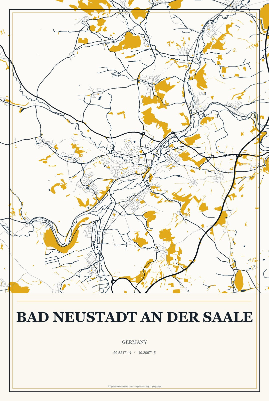 Bad Neustadt an der Saale, Germany City Map Aluminum Sign in Citrine Modern style