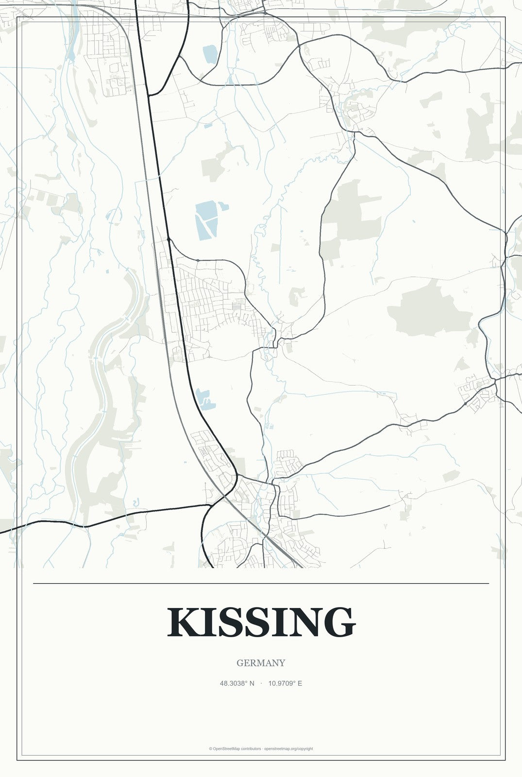 Kissing, Germany City Map Aluminum Sign in Gallery Air style