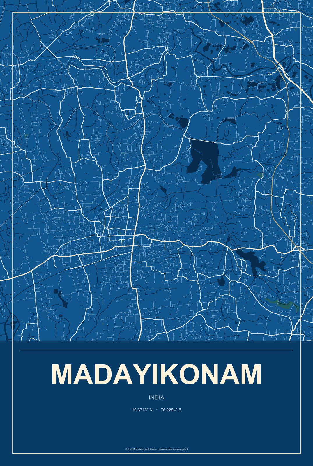 Madayikonam, India City Map Aluminum Sign in Harbor Cobalt style