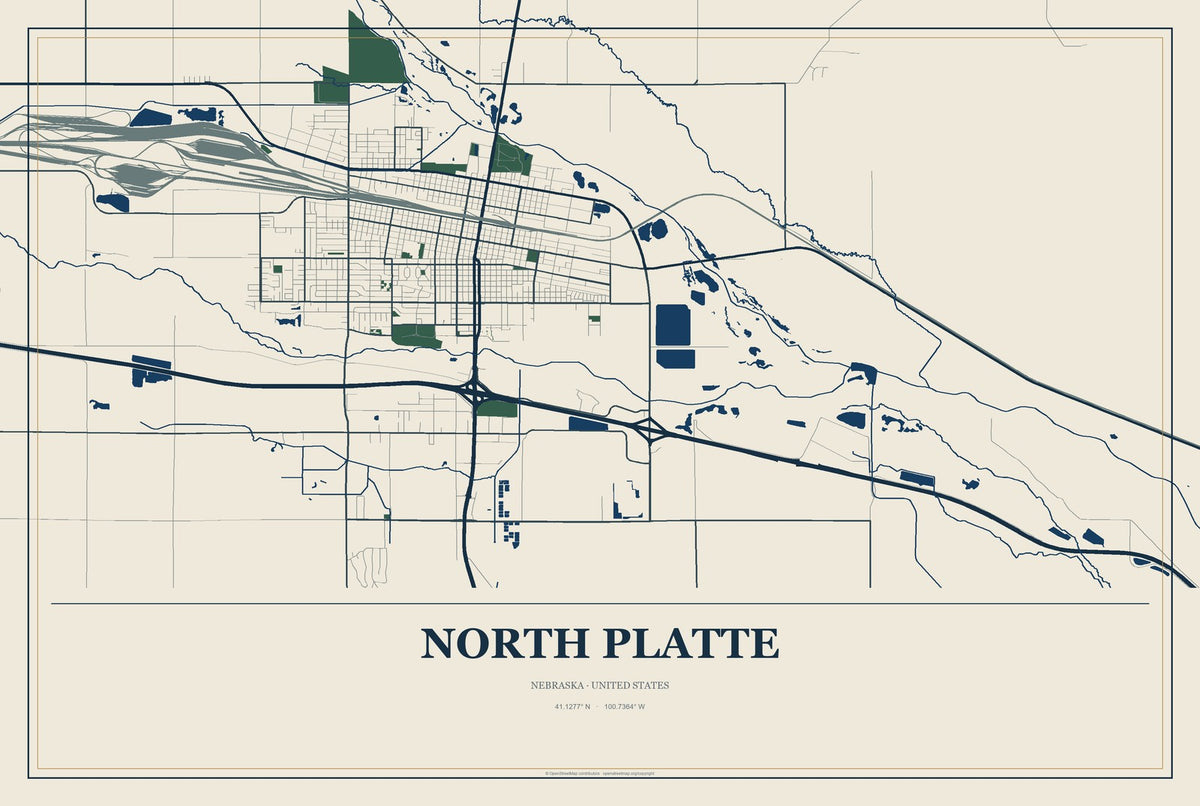 North Platte, Nebraska City Map Aluminum Sign in Coastal Cutout style