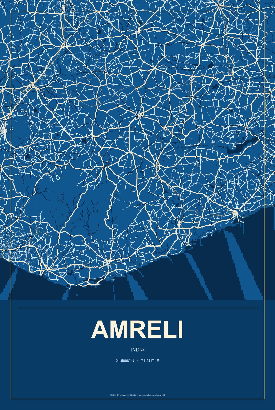 Amreli, India City Map Aluminum Sign in Harbor Cobalt style