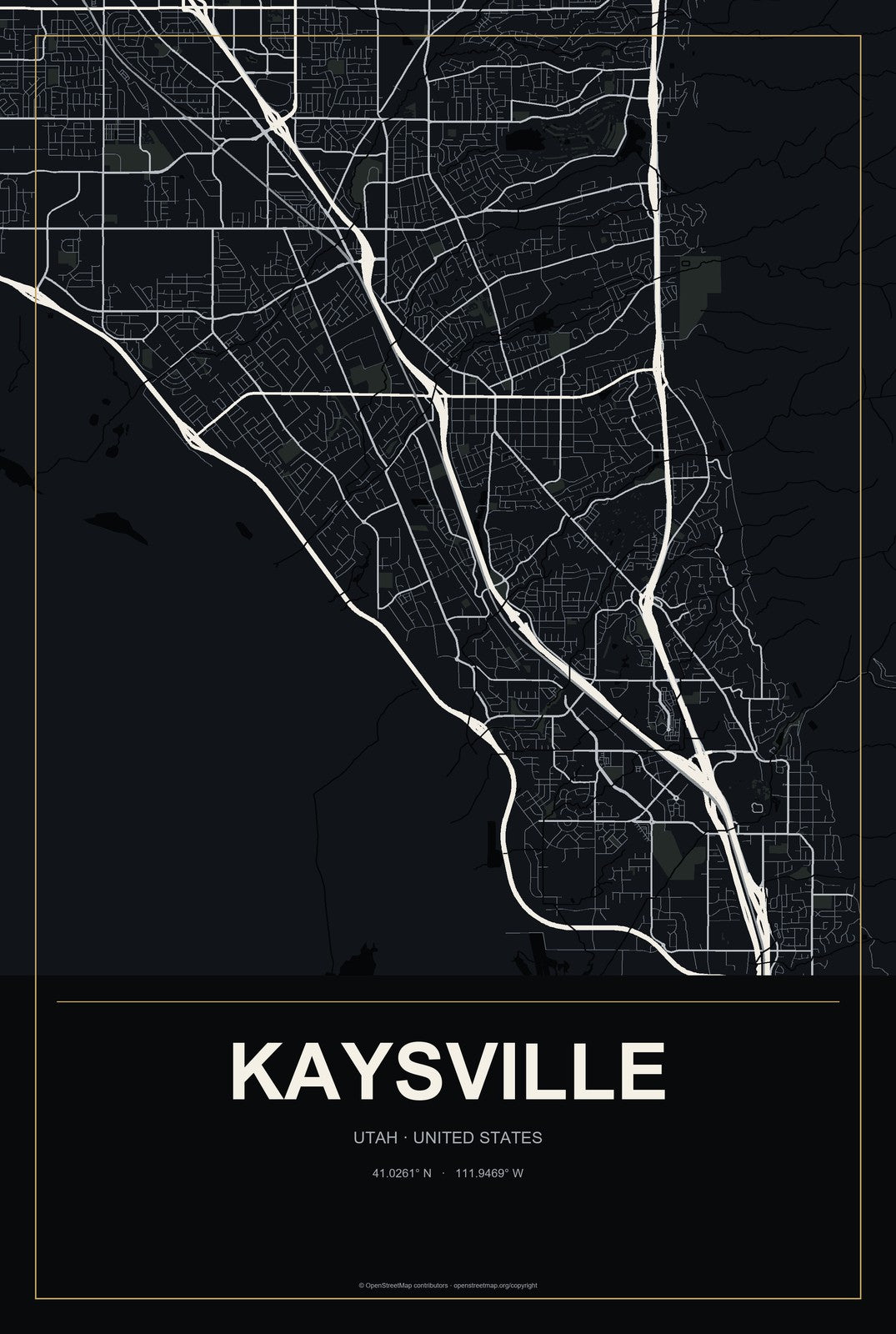 Kaysville, Utah City Map Aluminum Sign in Metropolitan Noir style