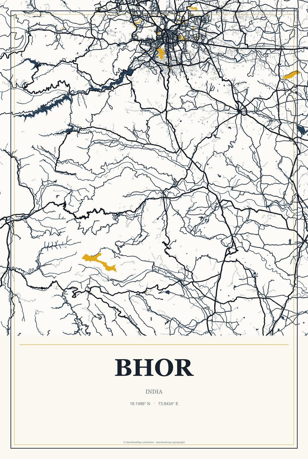 Bhor, India City Map Aluminum Sign in Citrine Modern style