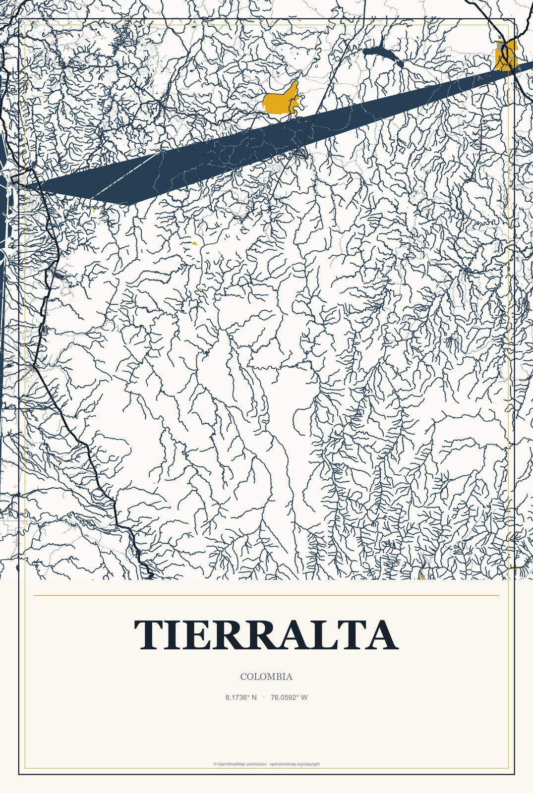 Tierralta, Colombia City Map Aluminum Sign in Citrine Modern style