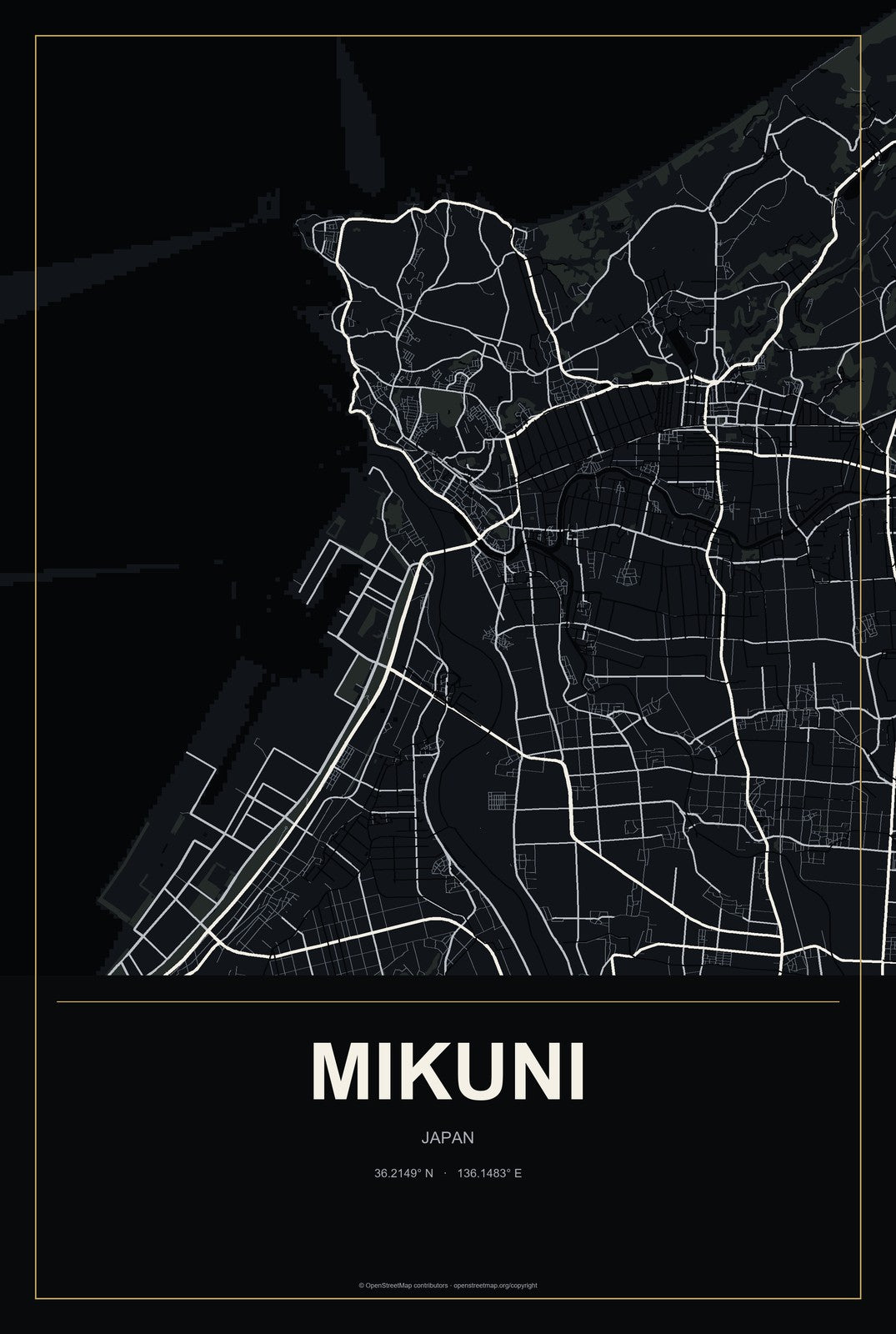 Mikuni, Japan City Map Aluminum Sign in Metropolitan Noir style