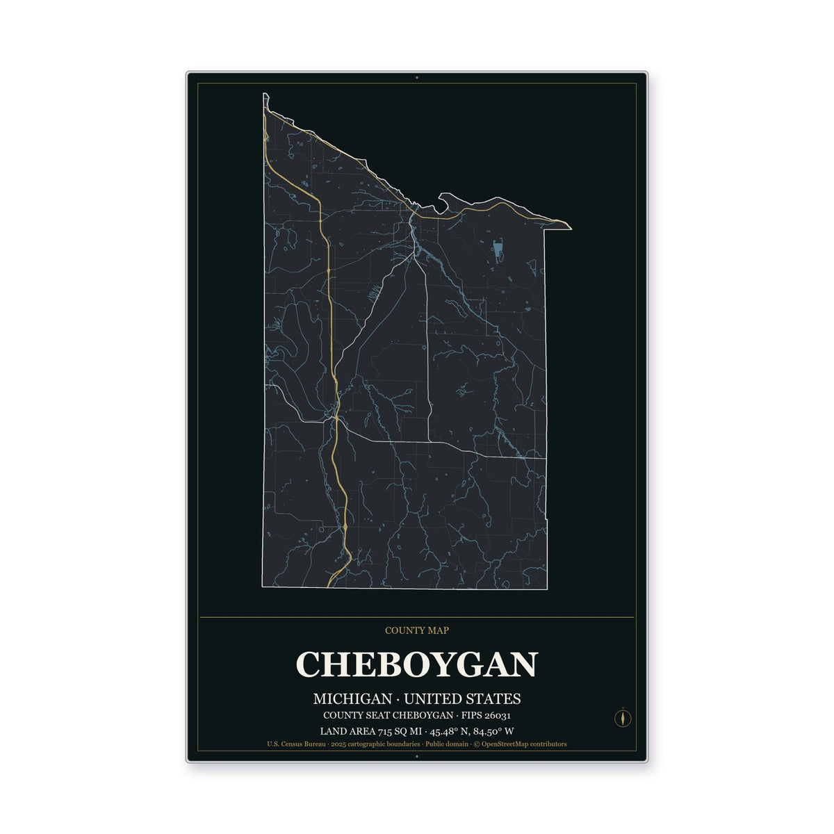 Cheboygan County, Michigan Map Aluminum Sign in Metropolitan Noir style