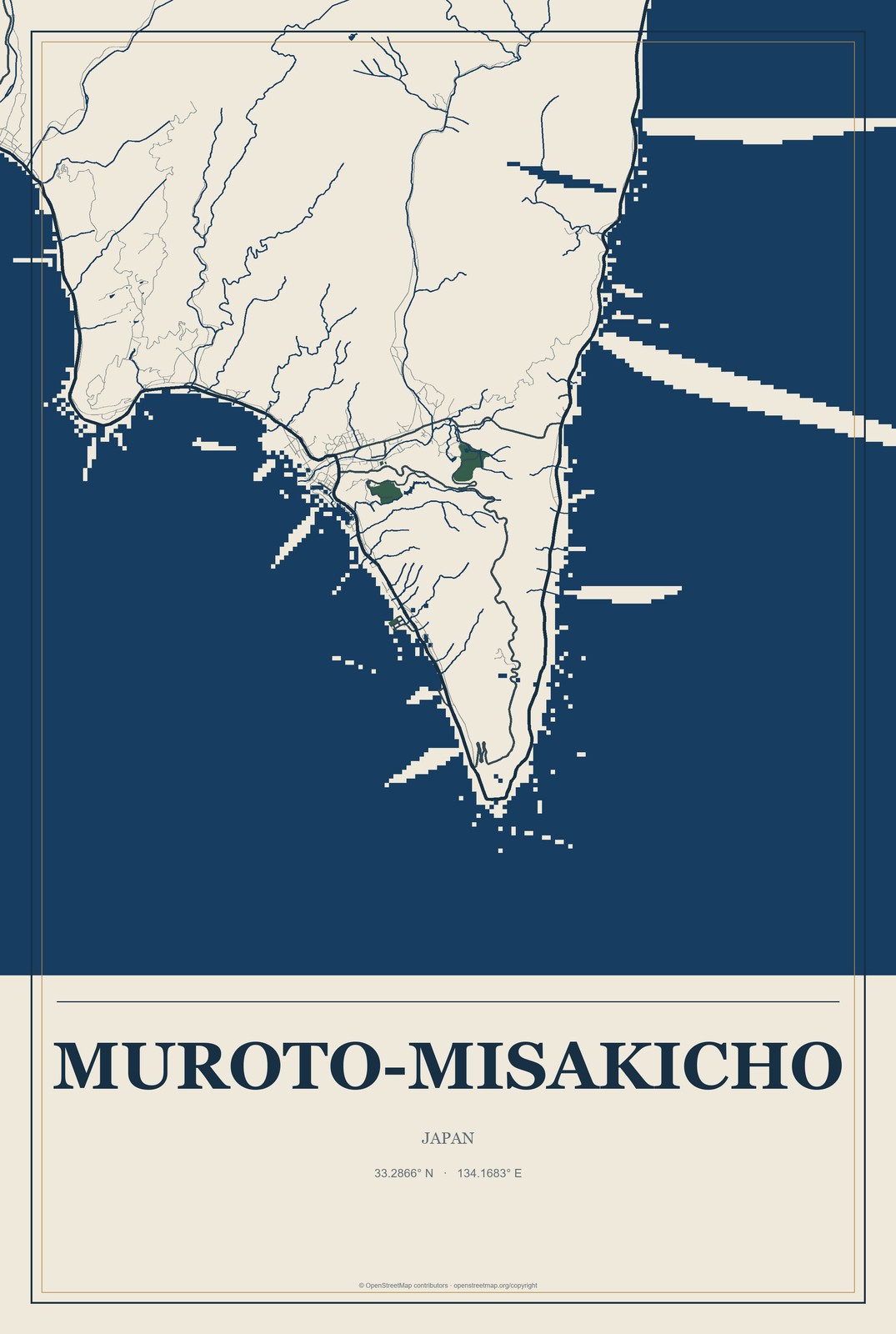 Muroto-misakicho, Japan City Map Aluminum Sign in Coastal Cutout style