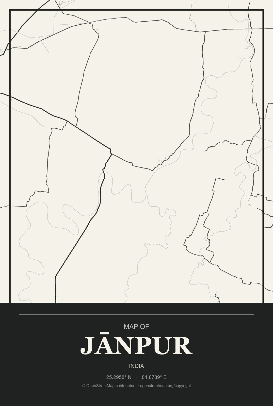 Jānpur, India City Map Aluminum Sign in Museum Plaque style