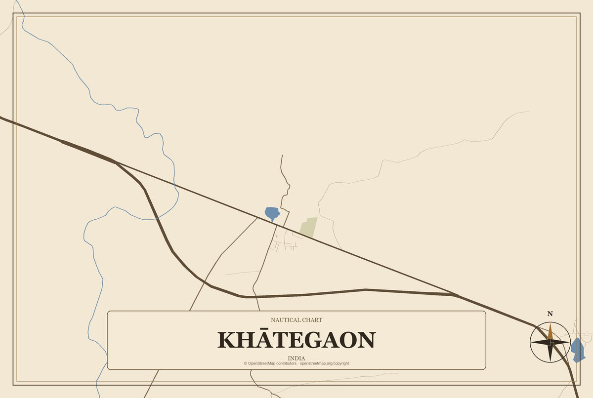 Khātegaon, India City Map Aluminum Sign in Heritage Nautical style