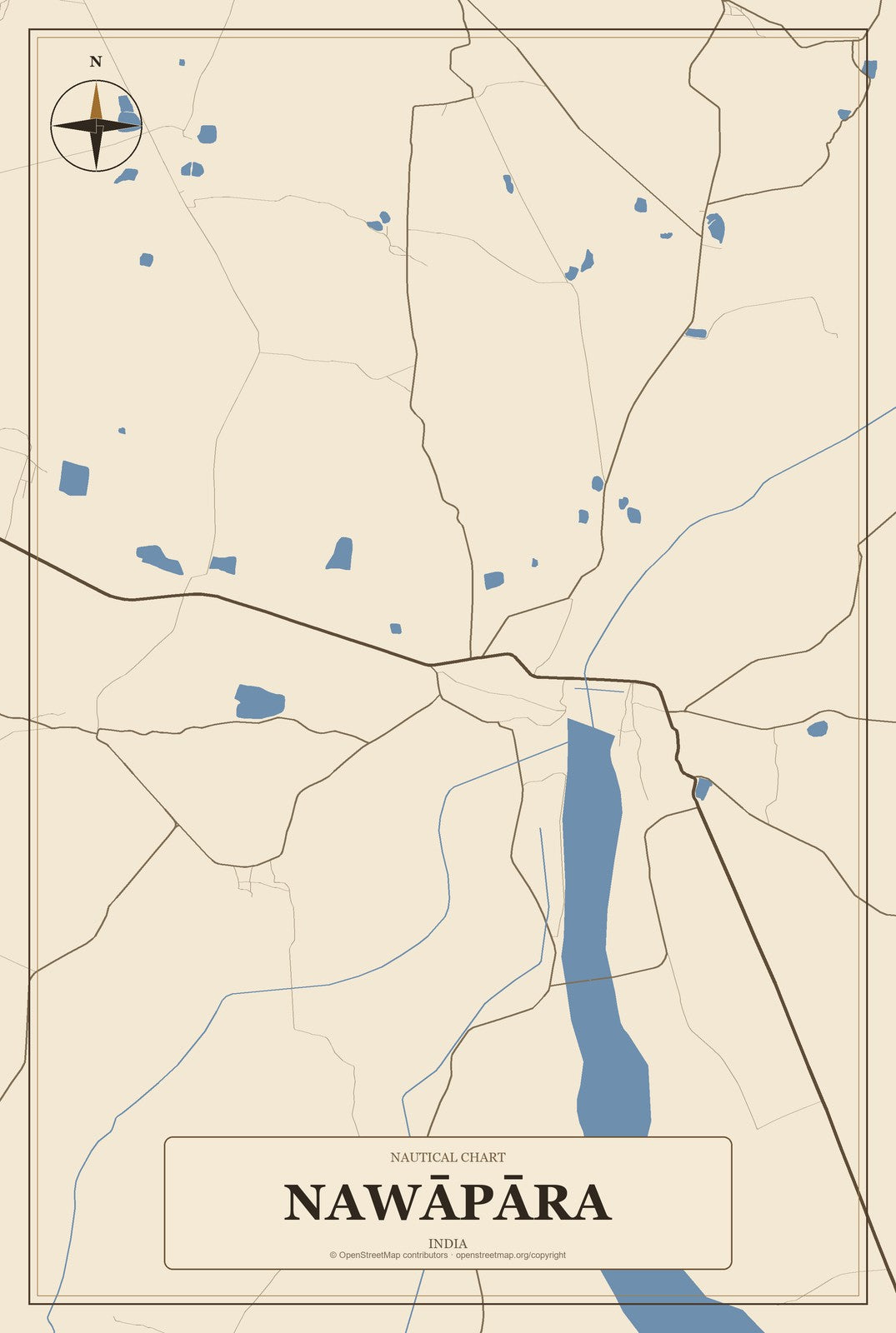 Nawāpāra, India City Map Aluminum Sign in Heritage Nautical style