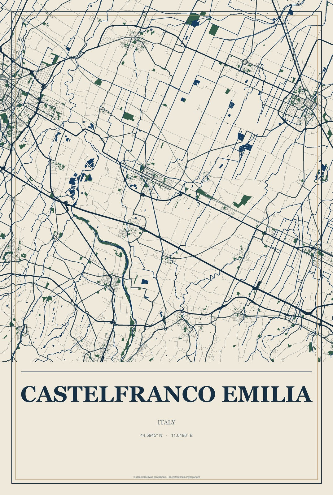 Castelfranco Emilia, Italy City Map Aluminum Sign in Coastal Cutout style