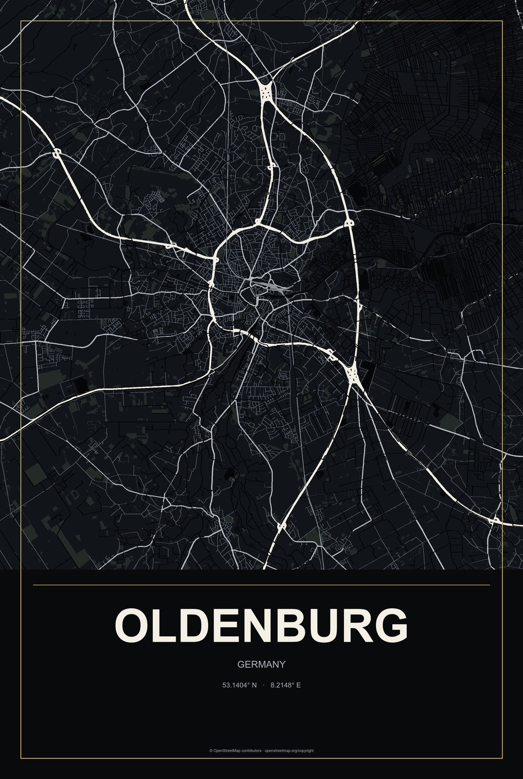 Oldenburg, Germany City Map Aluminum Sign in Metropolitan Noir style