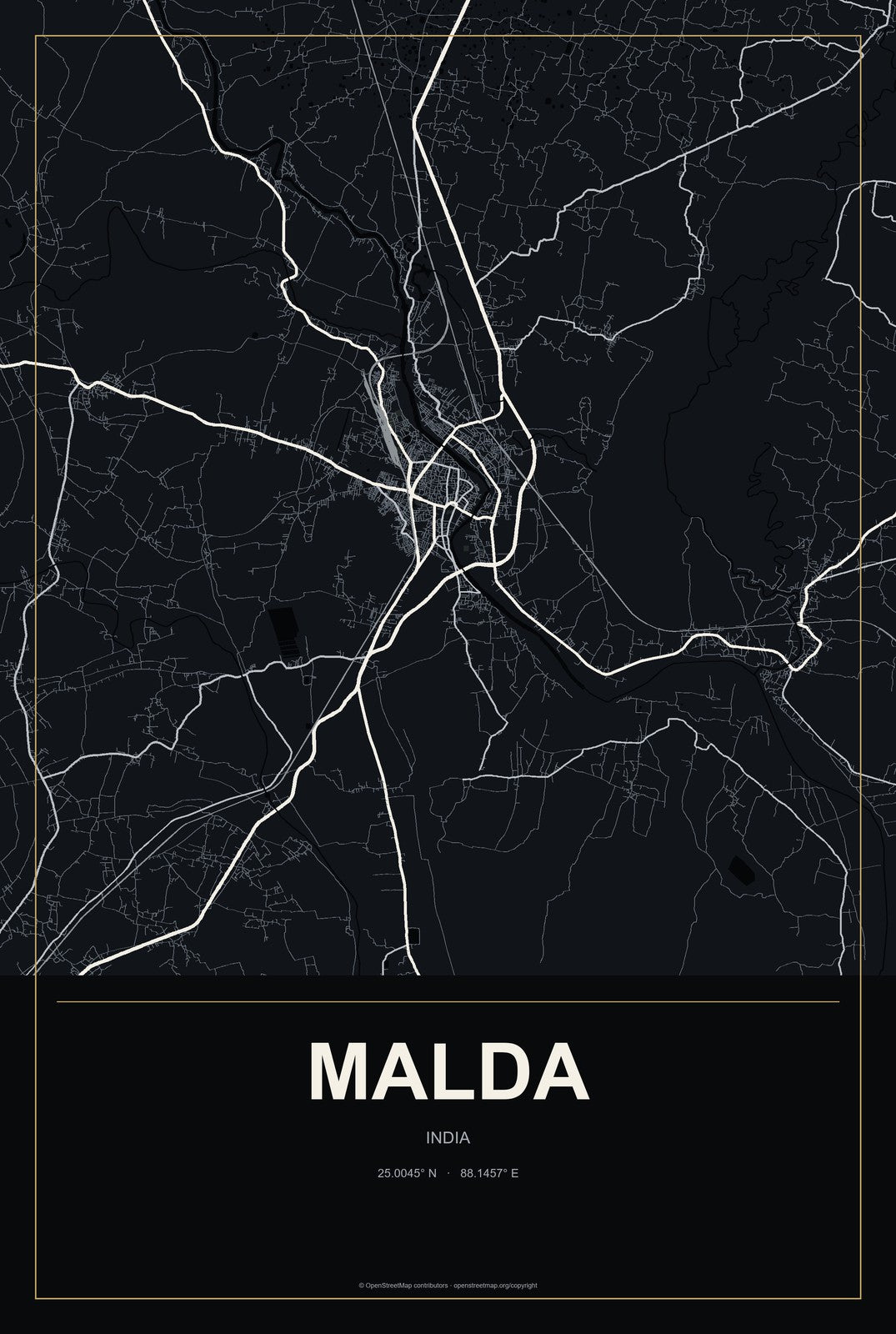 Malda, India City Map Aluminum Sign in Metropolitan Noir style