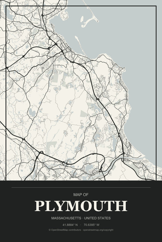 Plymouth, Massachusetts City Map Aluminum Sign in Museum Plaque style