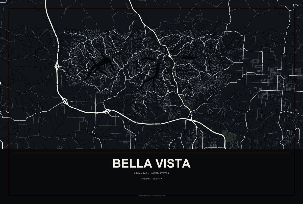 Bella Vista, Arkansas City Map Aluminum Sign in Metropolitan Noir style