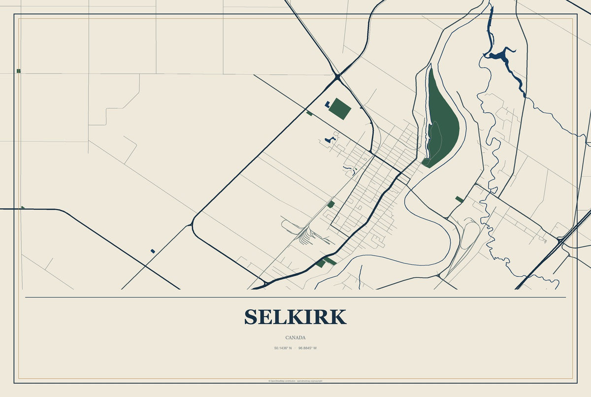 Selkirk, Canada City Map Aluminum Sign in Coastal Cutout style