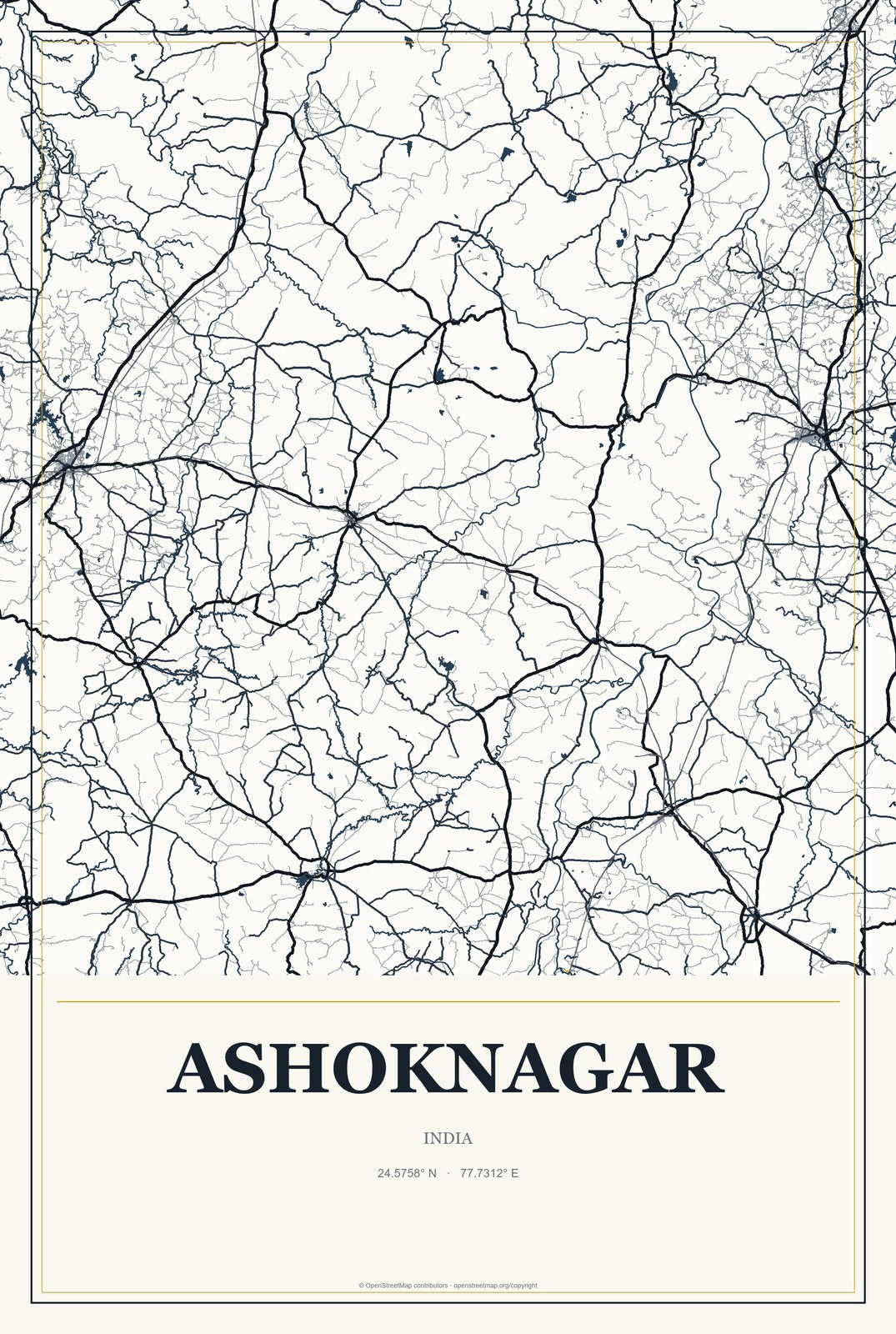Ashoknagar, India City Map Aluminum Sign in Citrine Modern style