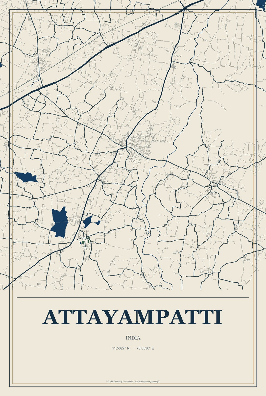 Attayampatti, India City Map Aluminum Sign in Coastal Cutout style