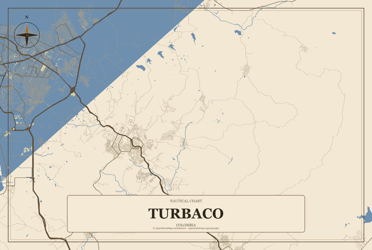 Turbaco, Colombia City Map Aluminum Sign in Heritage Nautical style