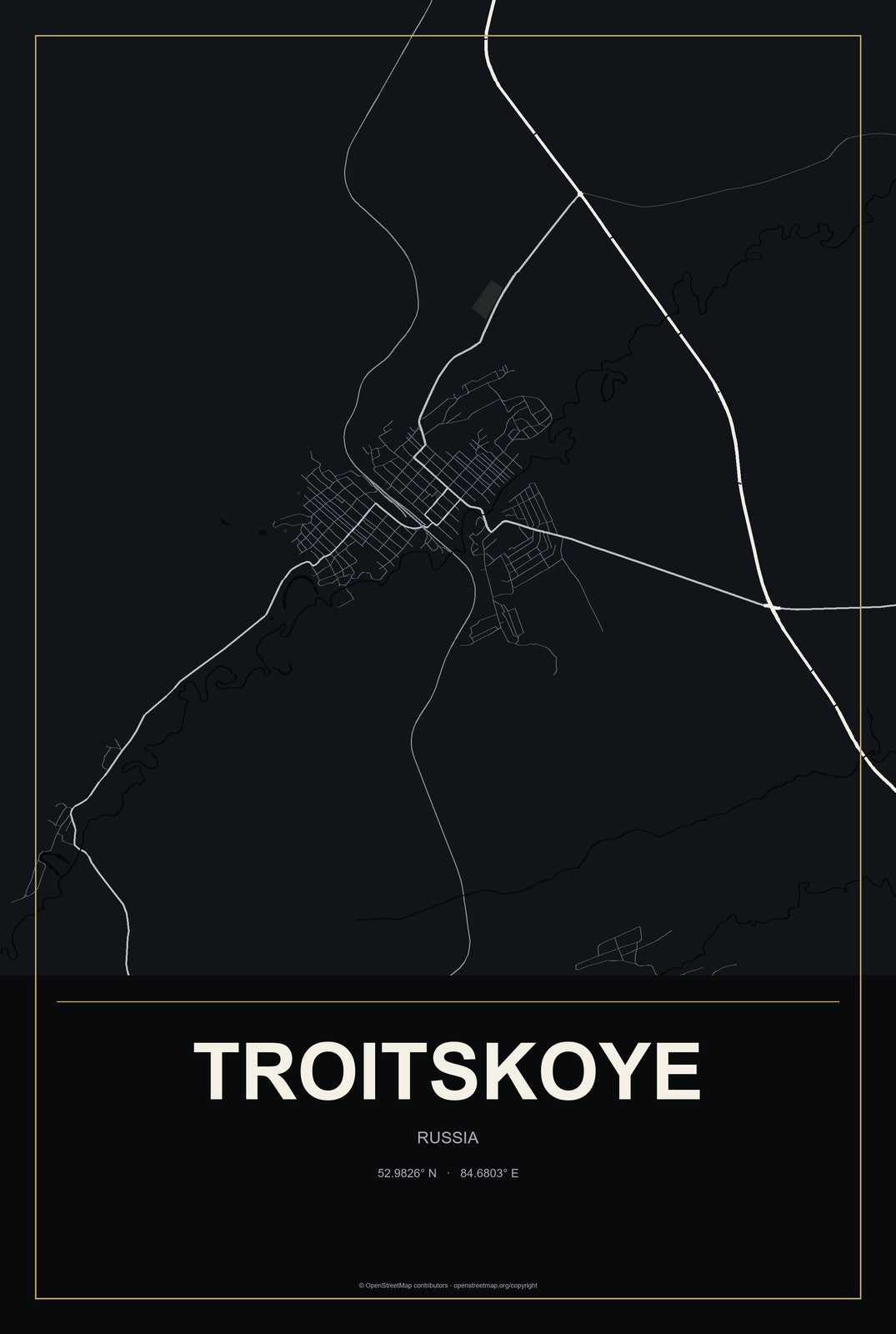 Troitskoye, Altai Krai, Russia City Map Aluminum Sign in Metropolitan Noir style