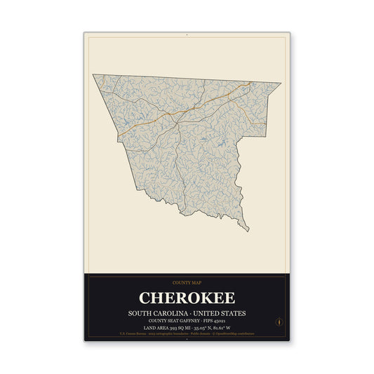 Cherokee County, South Carolina Map Aluminum Sign in Museum Plaque style