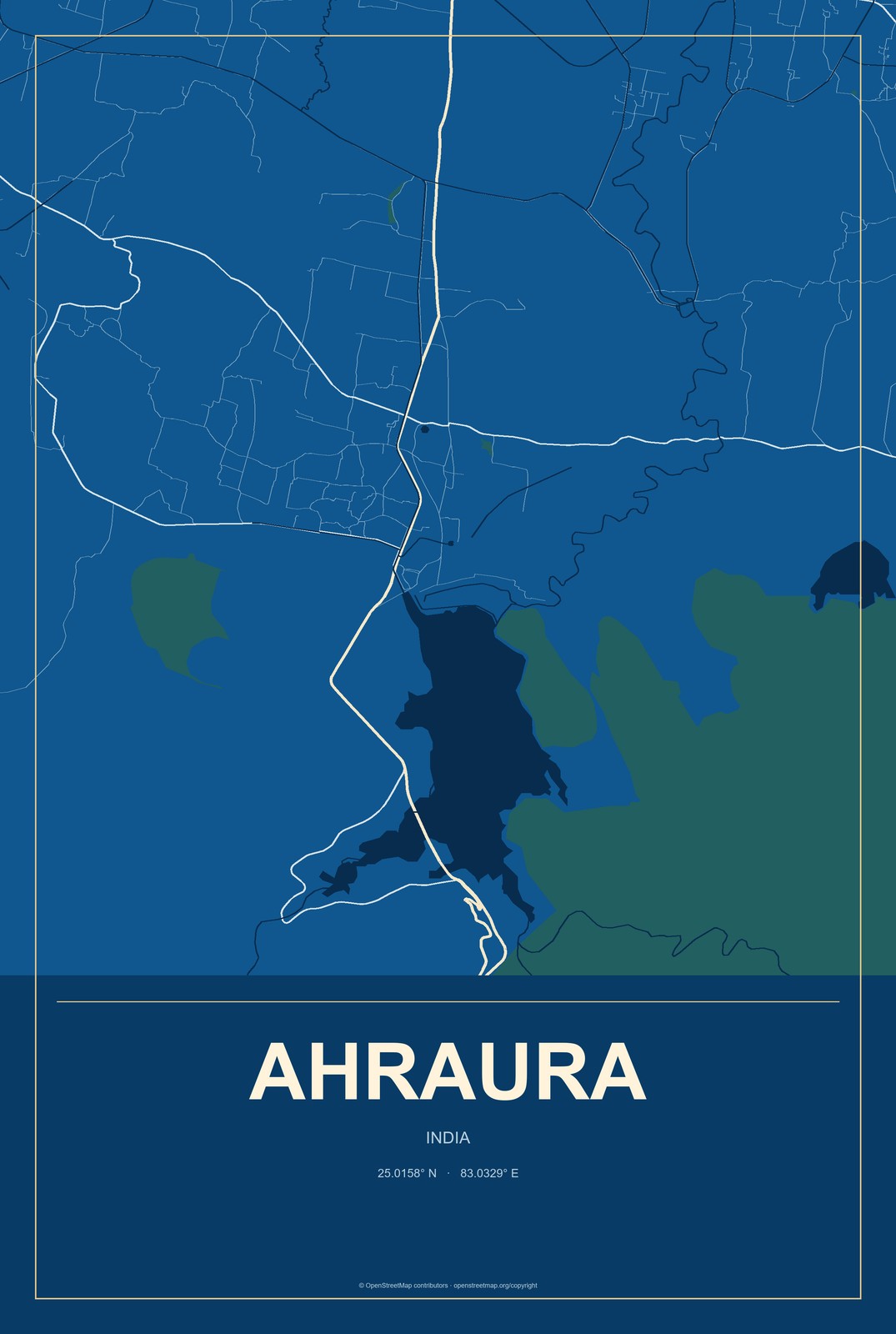 Ahraura, India City Map Aluminum Sign in Harbor Cobalt style