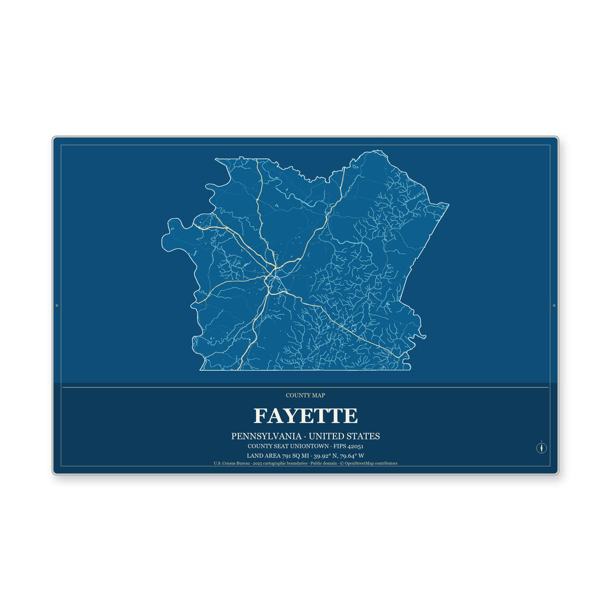 Fayette County, Pennsylvania Map Aluminum Sign in Harbor Cobalt style