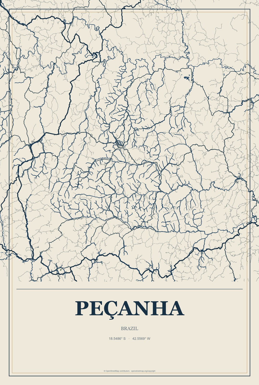 Peçanha, Brazil City Map Aluminum Sign in Coastal Cutout style