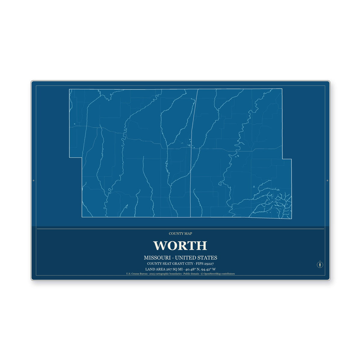 Worth County, Missouri Map Aluminum Sign in Harbor Cobalt style
