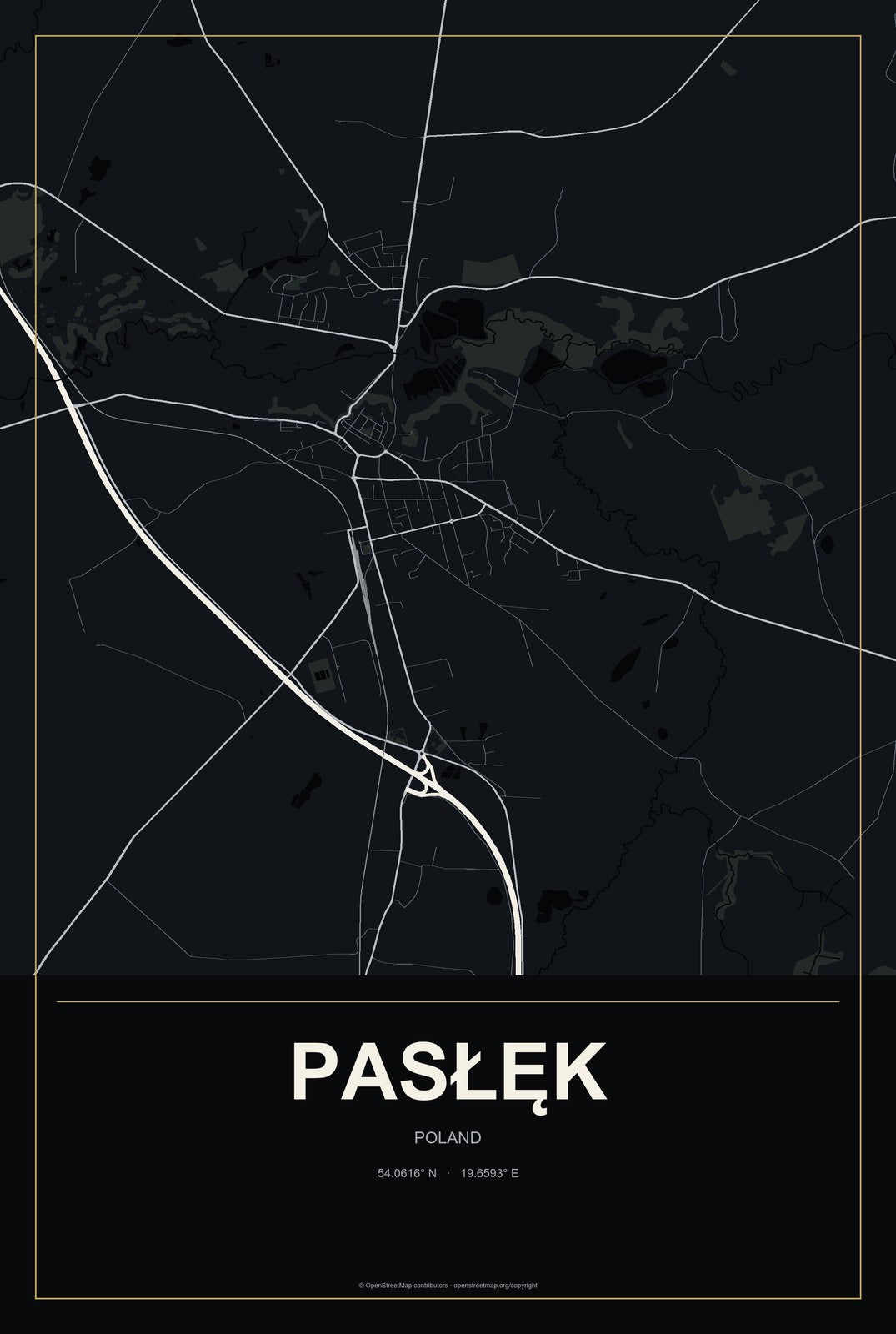 Pasłęk, Poland City Map Aluminum Sign in Metropolitan Noir style