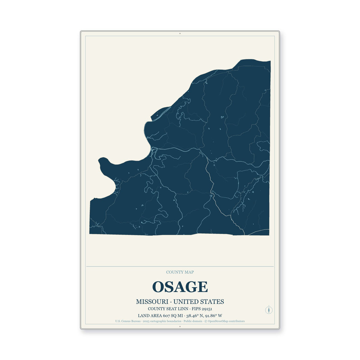 Osage County, Missouri Map Aluminum Sign in Coastal Cutout style