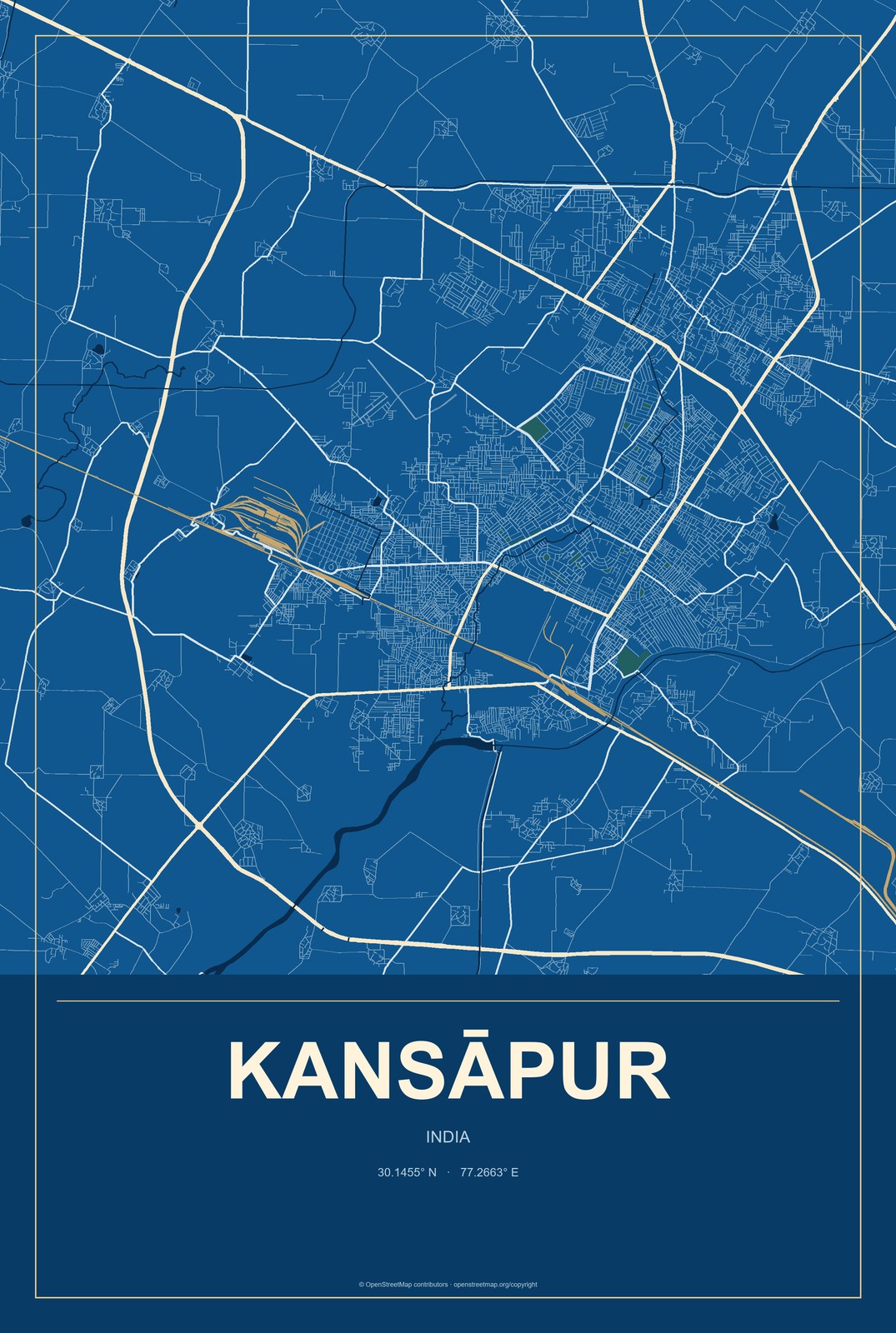 Kansāpur, India City Map Aluminum Sign in Harbor Cobalt style