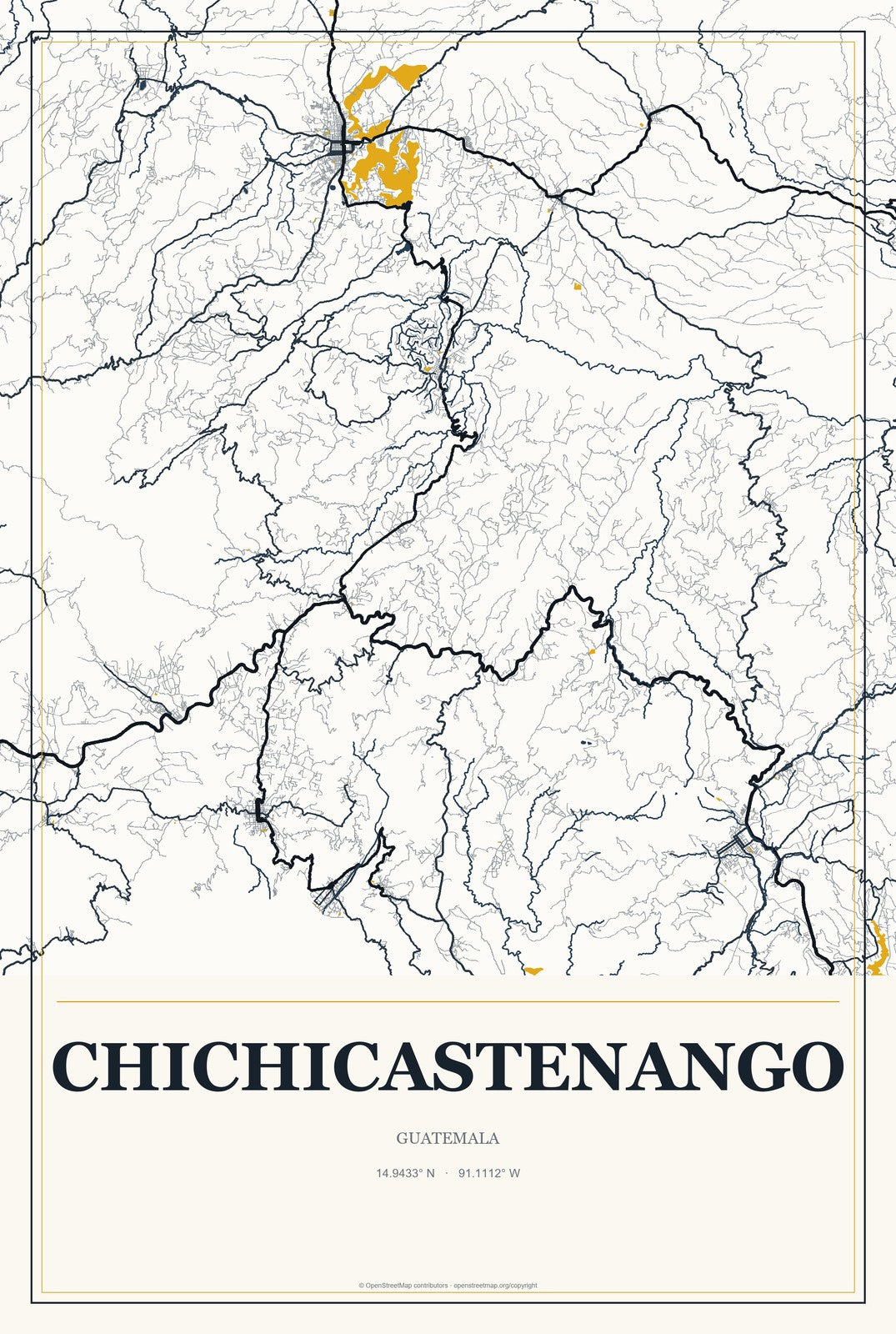 Chichicastenango, Guatemala City Map Aluminum Sign in Citrine Modern style