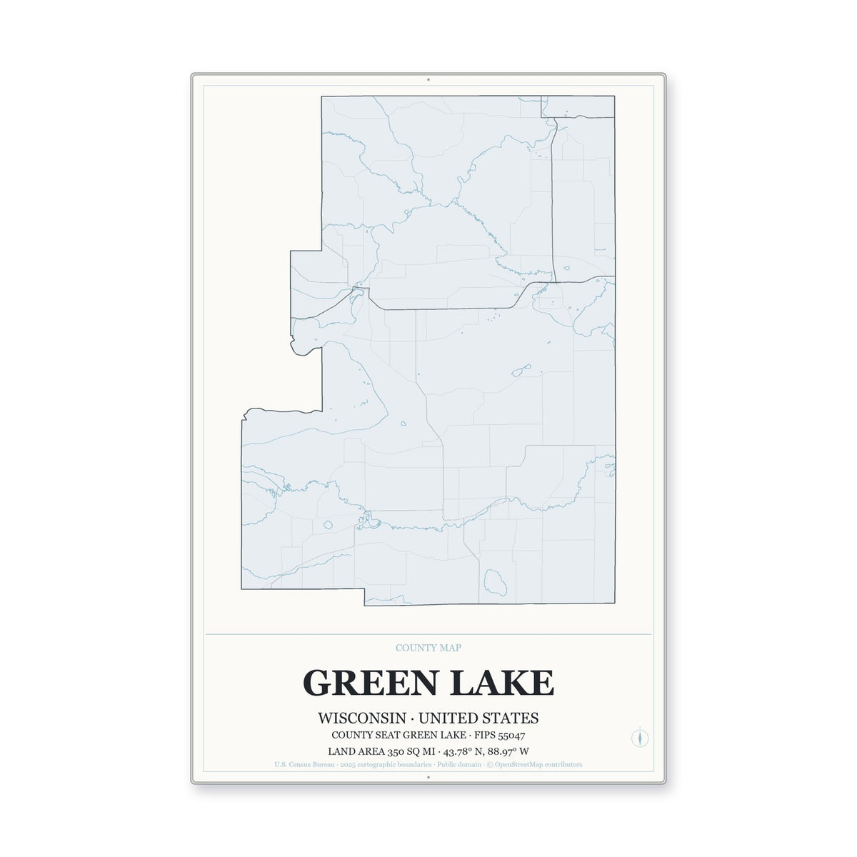 Green Lake County, Wisconsin Map Aluminum Sign in Gallery Air style