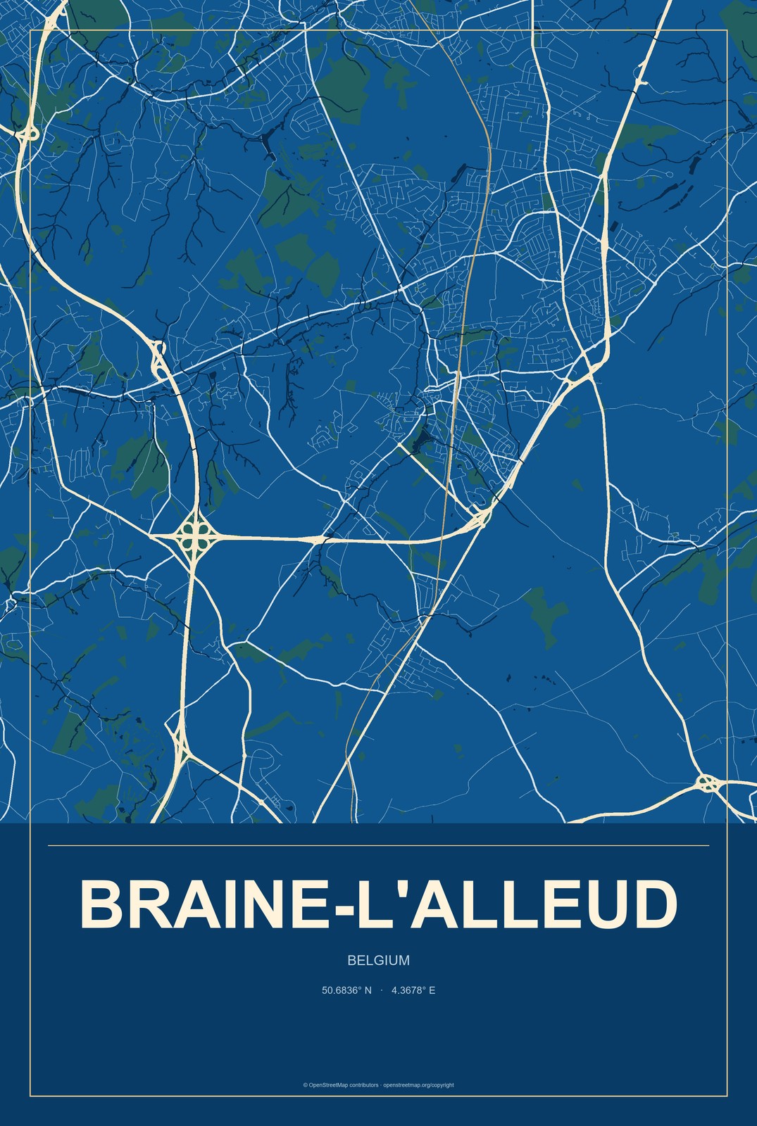 Braine-l'Alleud, Belgium City Map Aluminum Sign in Harbor Cobalt style