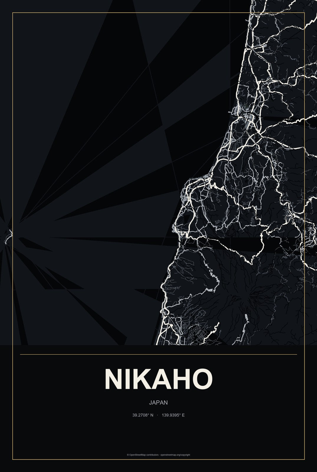 Nikaho, Japan City Map Aluminum Sign in Metropolitan Noir style
