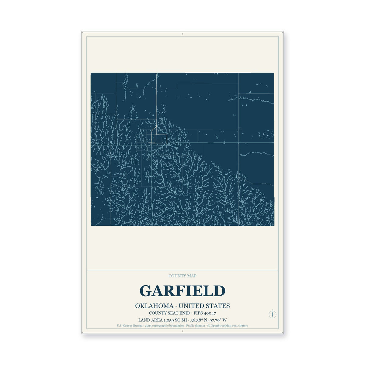 Garfield County, Oklahoma Map Aluminum Sign in Coastal Cutout style