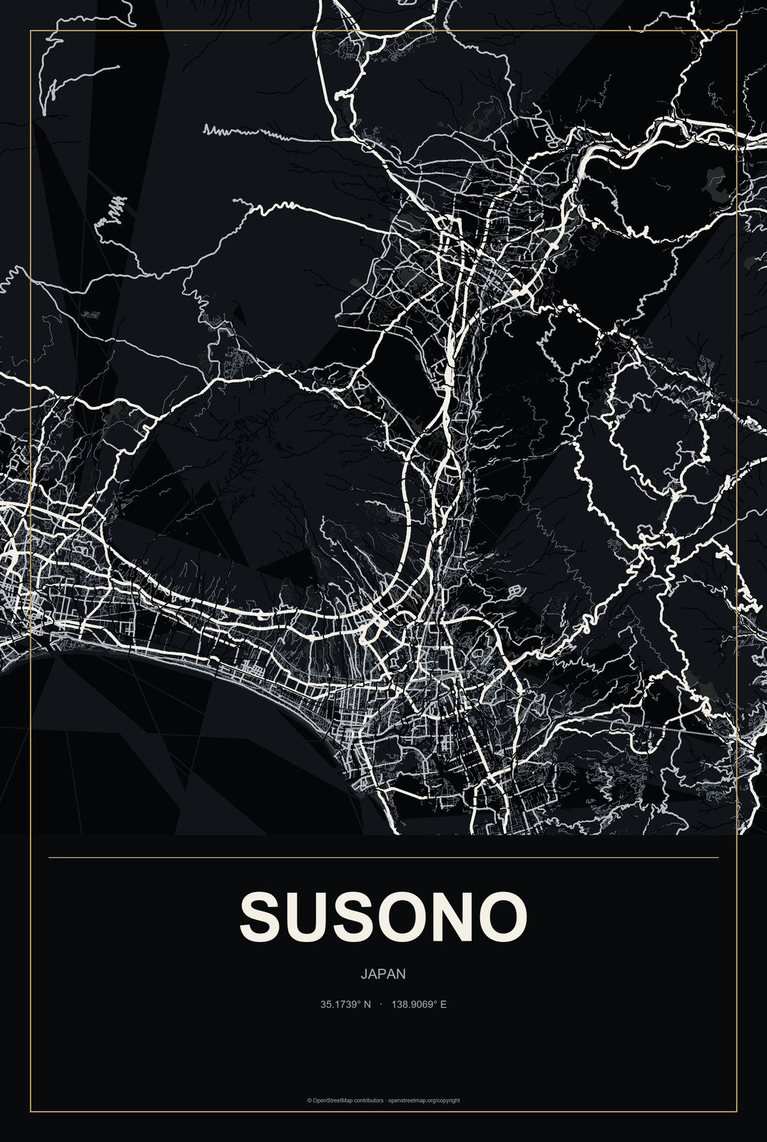 Susono, Japan City Map Aluminum Sign in Metropolitan Noir style