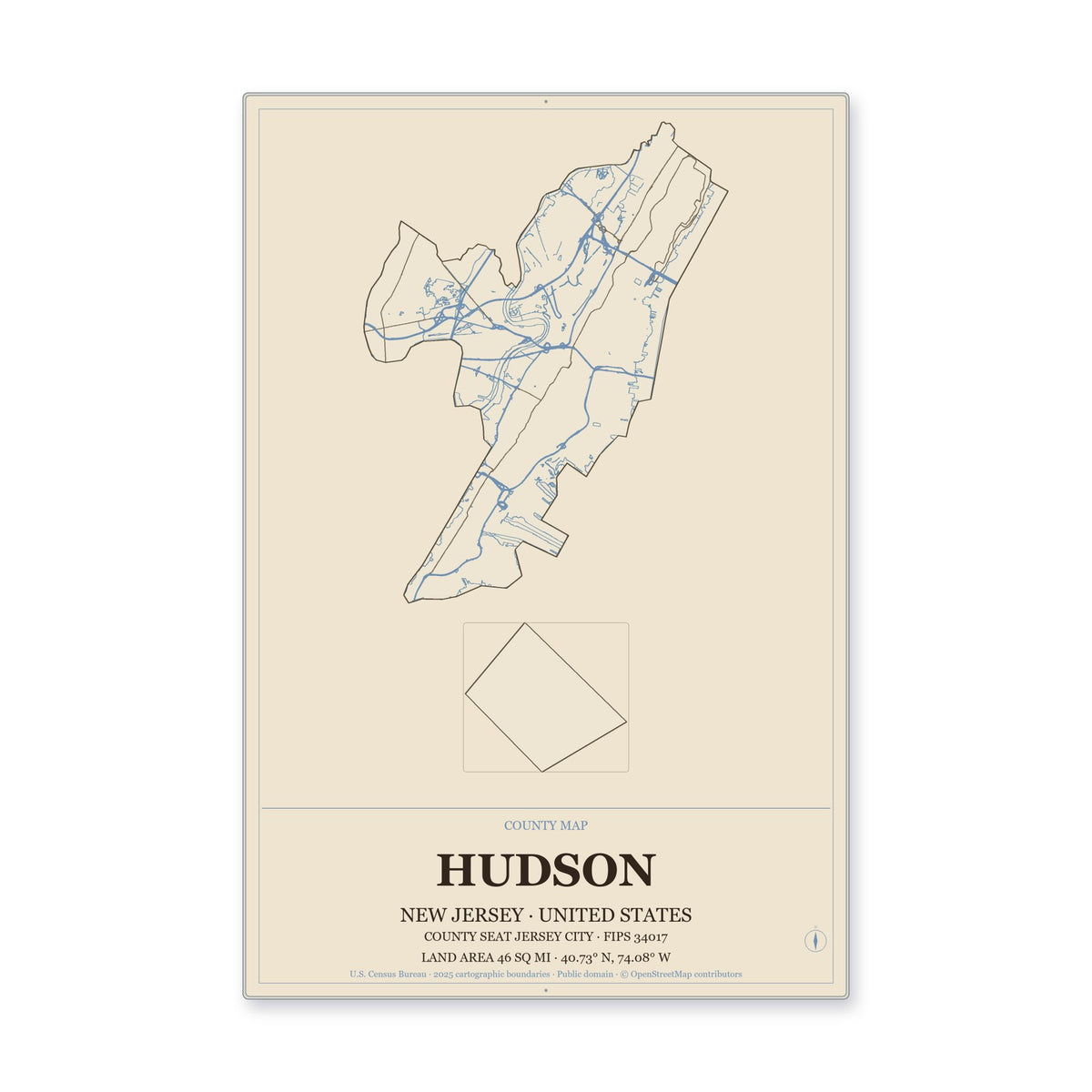 Hudson County, New Jersey Map Aluminum Sign in Heritage Nautical style