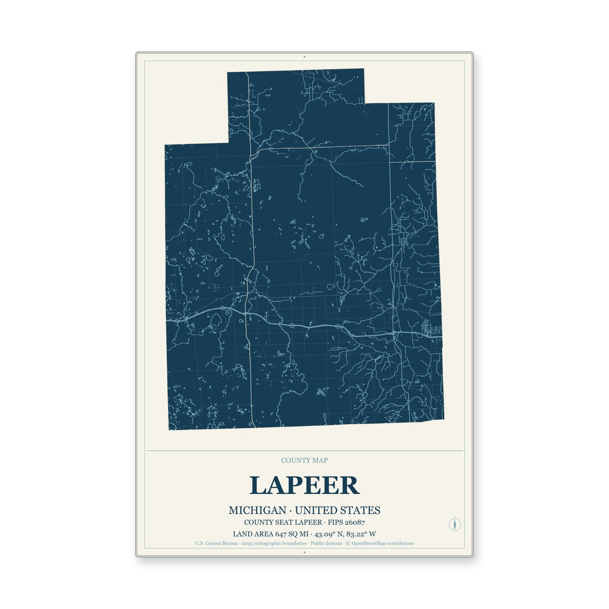 Lapeer County, Michigan Map Aluminum Sign in Coastal Cutout style