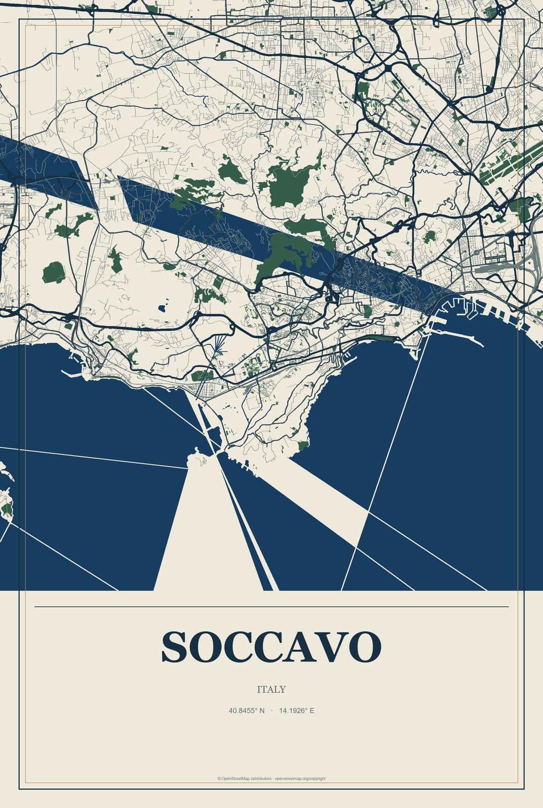 Soccavo, Italy City Map Aluminum Sign in Coastal Cutout style
