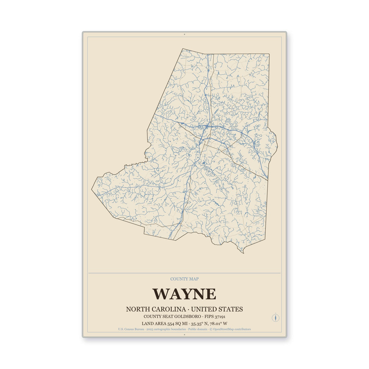 Wayne County, North Carolina Map Aluminum Sign in Heritage Nautical style
