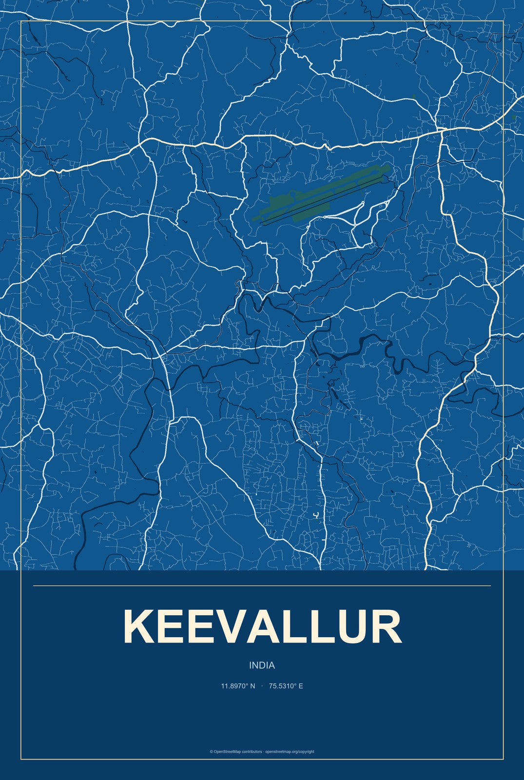 Keevallur, India City Map Aluminum Sign in Harbor Cobalt style
