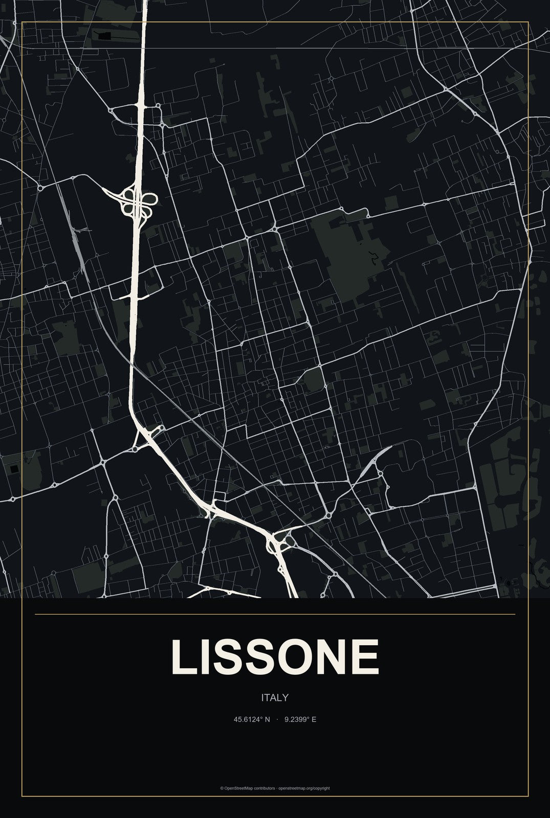 Lissone, Italy City Map Aluminum Sign in Metropolitan Noir style