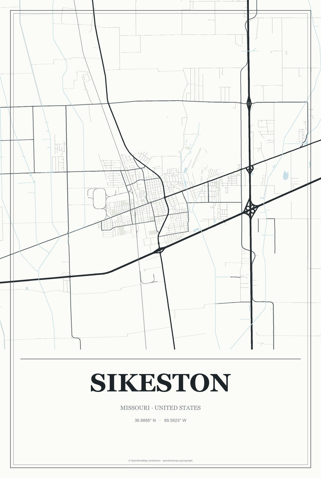 Sikeston, Missouri City Map Aluminum Sign in Gallery Air style