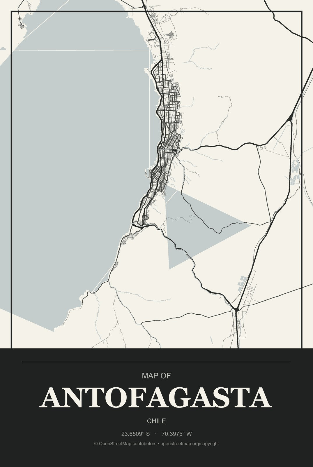 Antofagasta, Chile City Map Aluminum Sign in Museum Plaque style
